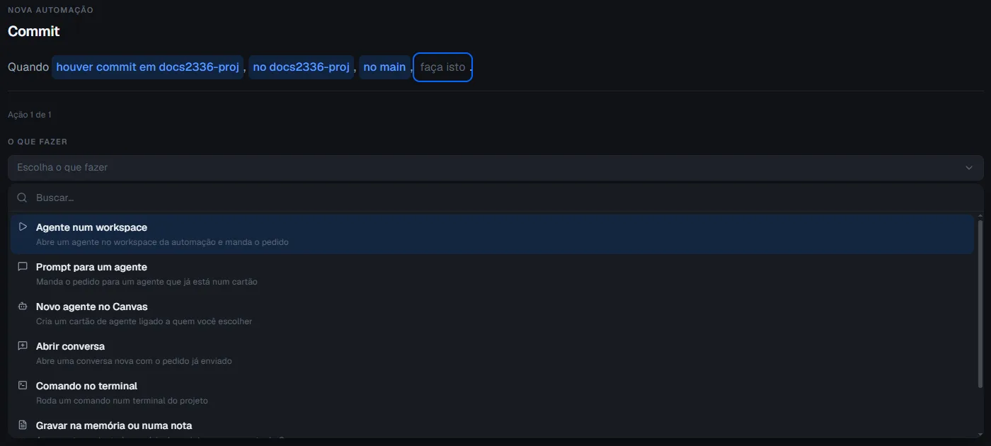 Lista de tipos de acción: Agente en un workspace, Prompt para un agente, Agente nuevo en el Canvas, Abrir conversación, Comando en el terminal y otras