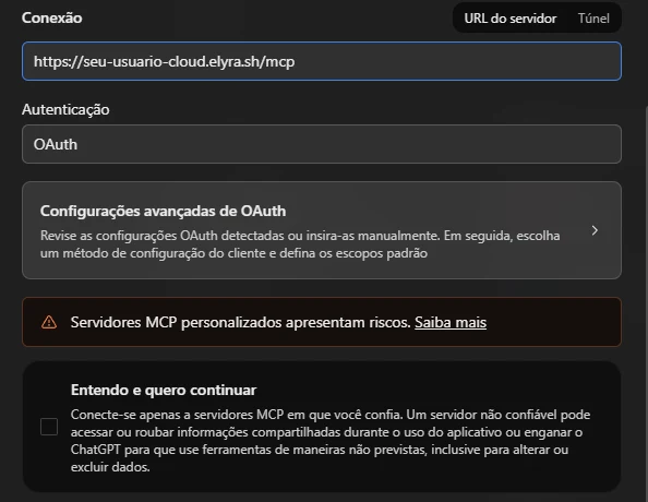 Aviso sobre los riesgos de los servidores MCP personalizados y la casilla de confirmación