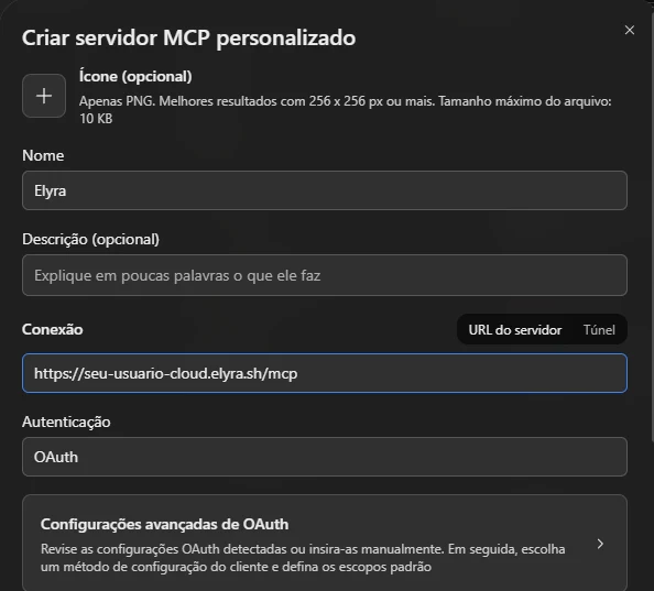 Formulario para crear un servidor MCP personalizado con el nombre Elyra, la dirección del Cloud y la autenticación OAuth