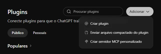 Menú Añadir de la página Plugins de ChatGPT, con la opción de crear un servidor MCP personalizado