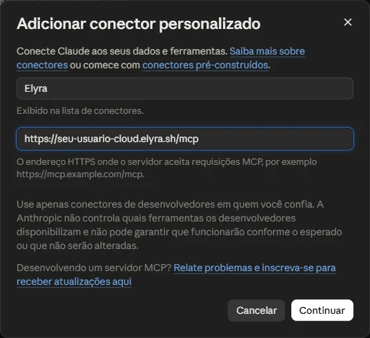 Formulario para añadir un conector personalizado con el nombre Elyra y la dirección del Cloud