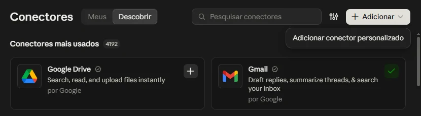 Página Conectores de Claude con el menú Añadir abierto en Añadir conector personalizado