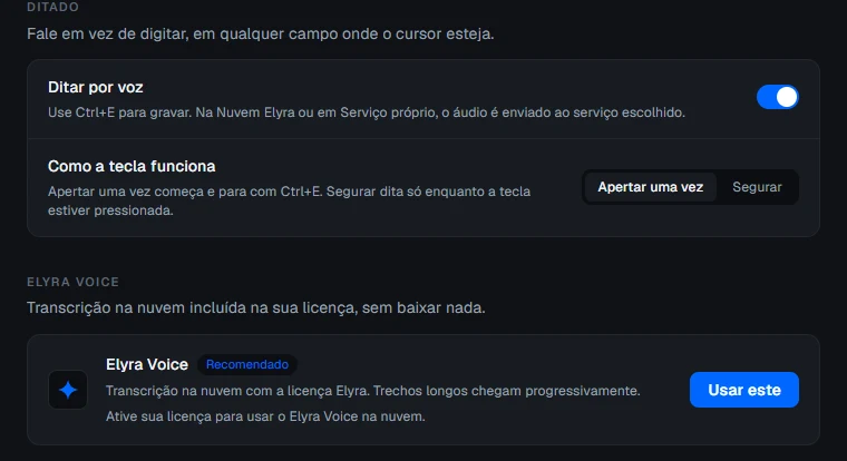 Parte superior de la pantalla de Voz, con los bloques Voz y Elyra Voice