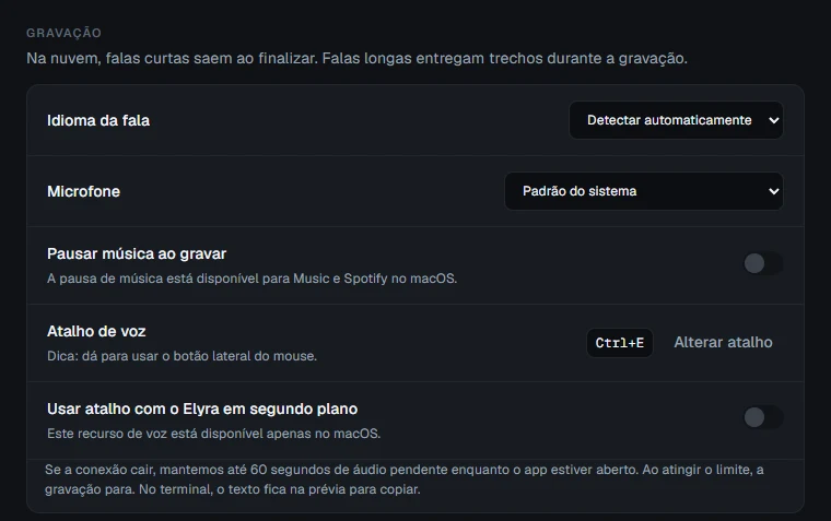 Bloque Grabación, con idioma del habla, micrófono, pausa de música y atajos