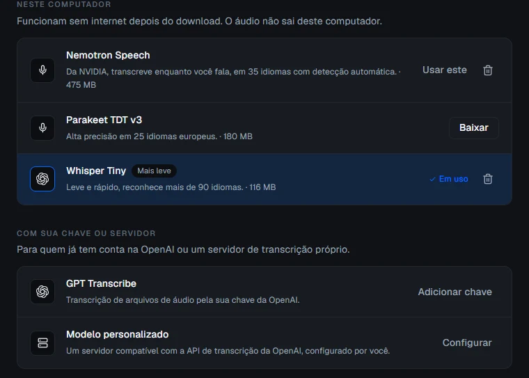 Bloques En este computador y Con su clave o servidor, con la lista de modelos de voz